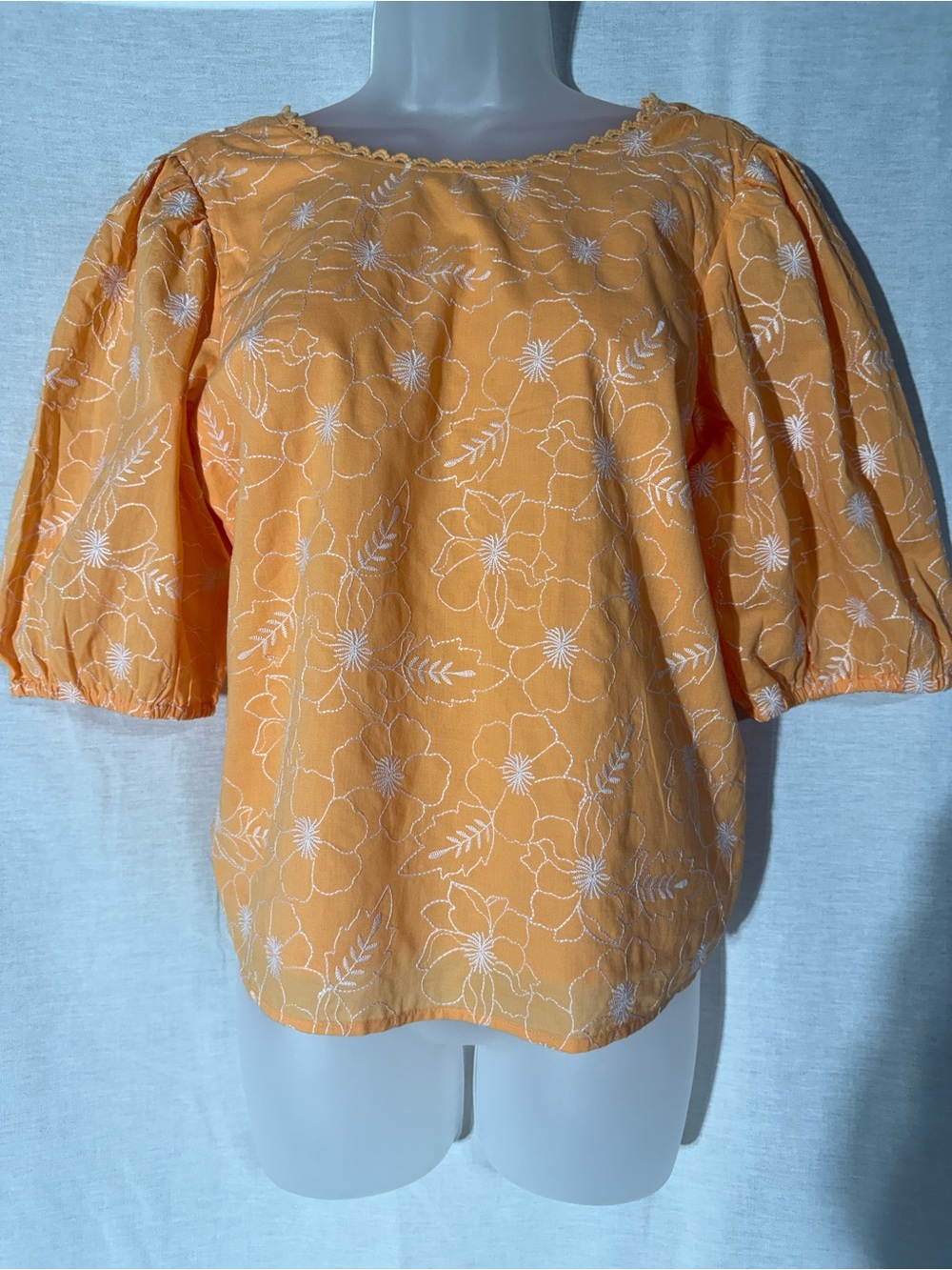 LOFT Orange Floral Embroidered Puff-Sleeve Blouse Size Small